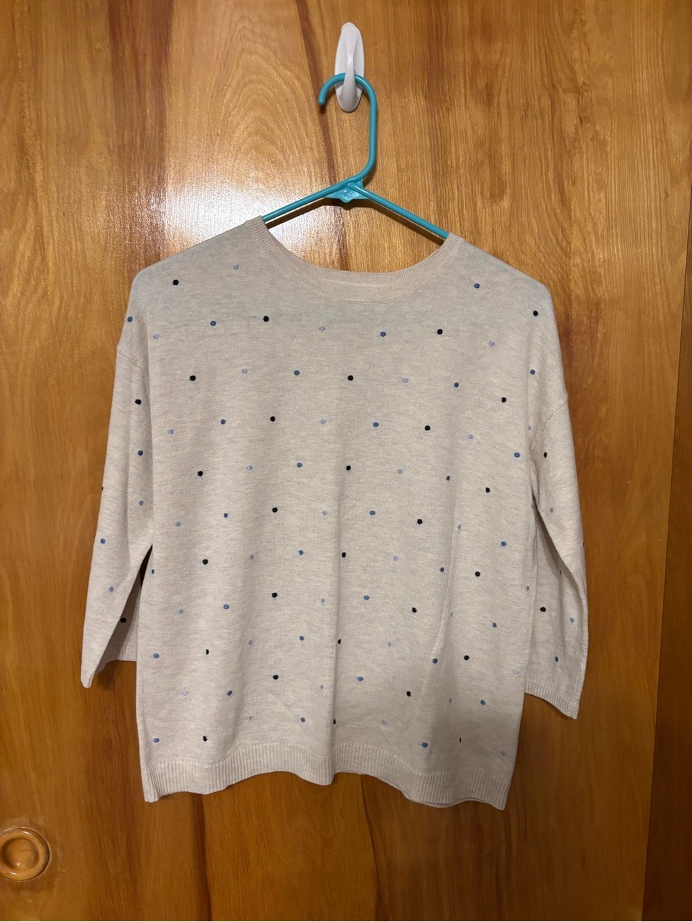 J.Jill XS Petite Cream Blue Polka Dot Cotton Blend Sweater Lightweight Knit